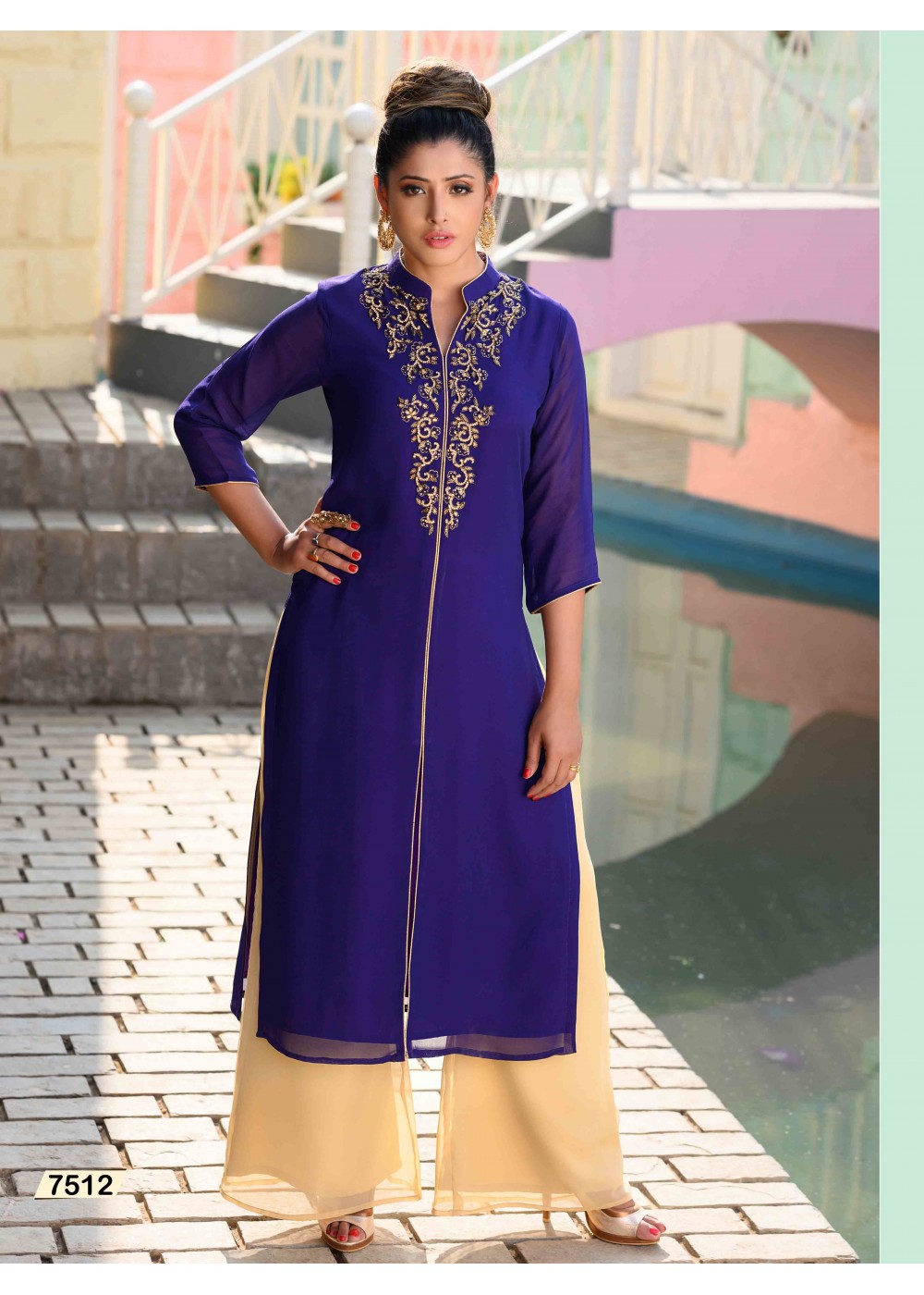 Navy Blue Sequins Embroidered Rayon Kurti