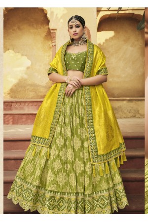 Parrot Green & Yellow Weaving Silk Lehenga