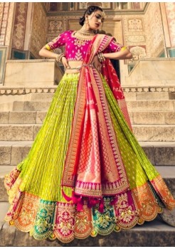 Pink & Yellow Pure Silk Jacquard Lehenga