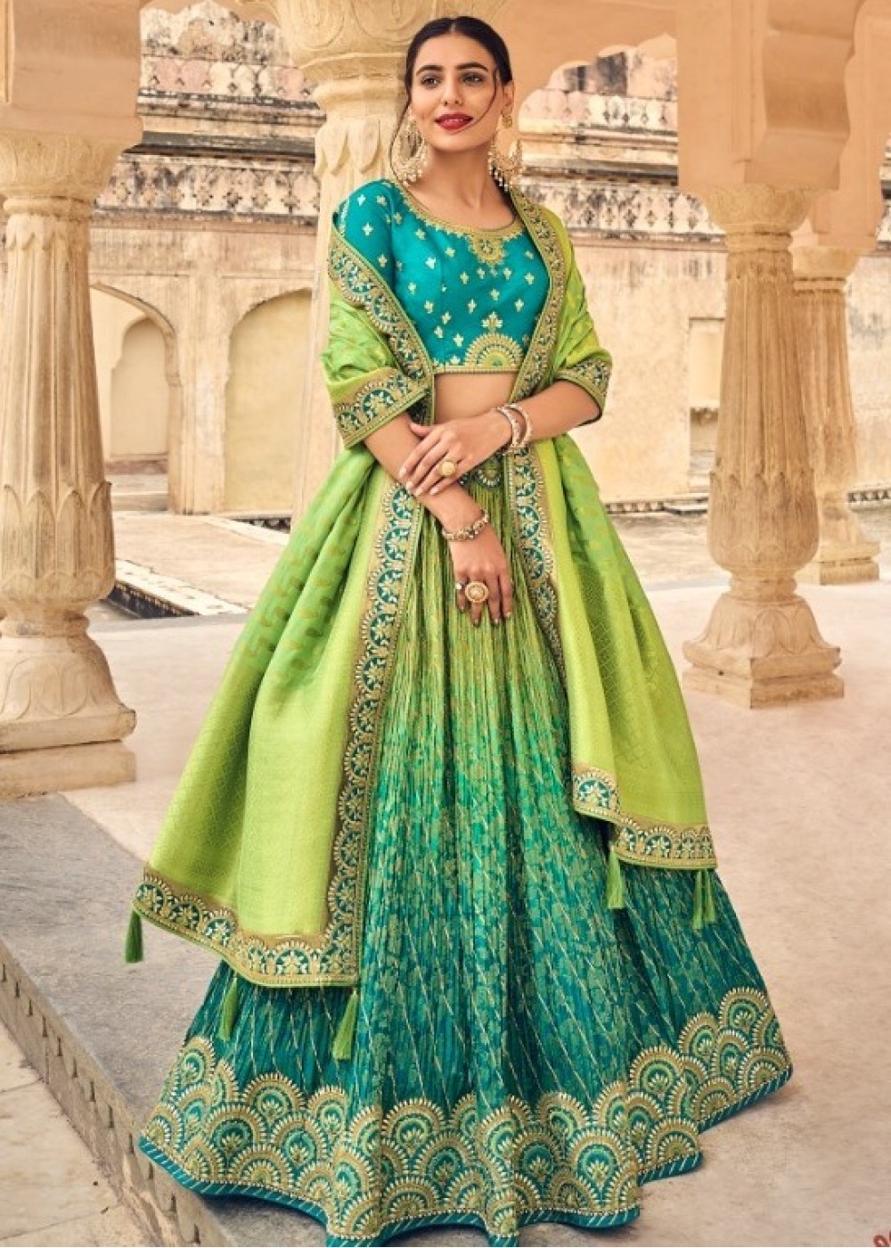 Green & Gold Mirror Work Lehenga with Heavy Choli & Net Dupatta – Roop Sari  Palace