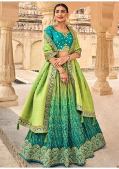 Blue & Parrot Green  Pure Silk Jacquard Lehenga