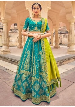 Blue & Yellow  Pure Silk Jacquard Lehenga