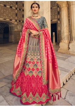 Grey & Pink Pure Silk Jacquard Lehenga