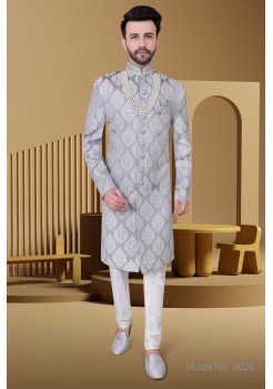 Grey  Jaquard Silk  Sherwani 