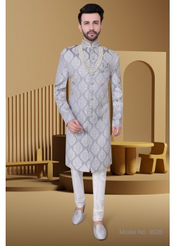 Grey  Jaquard Silk  Sherwani 