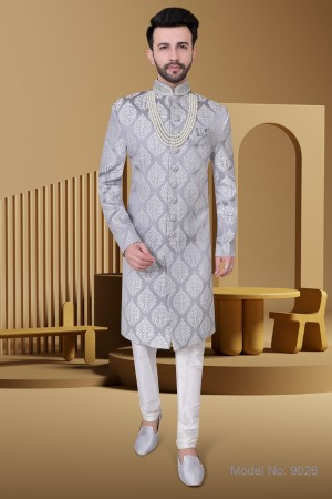 Grey  Jaquard Silk  Sherwani 