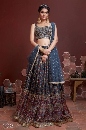 Blue Chinnon Silk Soft Net  Lehenga