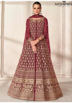 Maroon Silk Satin Designer Anarkali/Gown