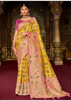 Pink And Yellow Pure Dola Designer Saree