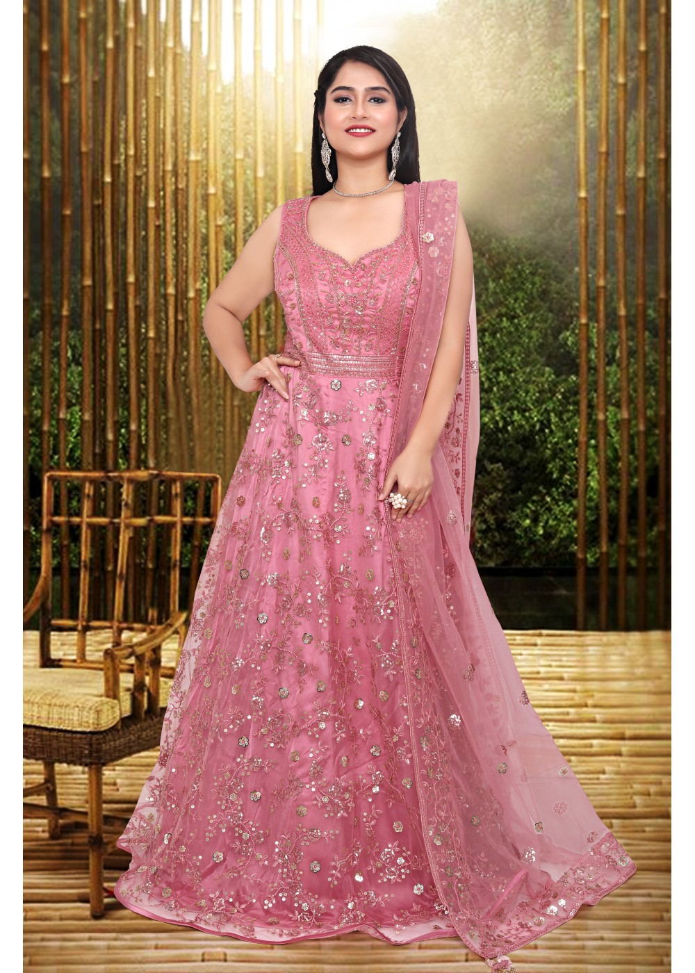 Buy Graceful Baby Pink Foil Work Net Party Wear Long Gown From Zeel Clothing