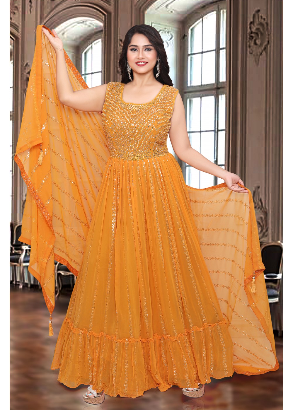 Designer Gala Gown (Anarkali Suit) - Yellow with Stone and Exquisite T –  Maharani Collections