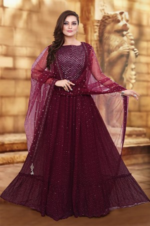 Shop Wine Georgette Embroidered Anarkali Gown Party Wear Online at Best  Price | Cbazaar