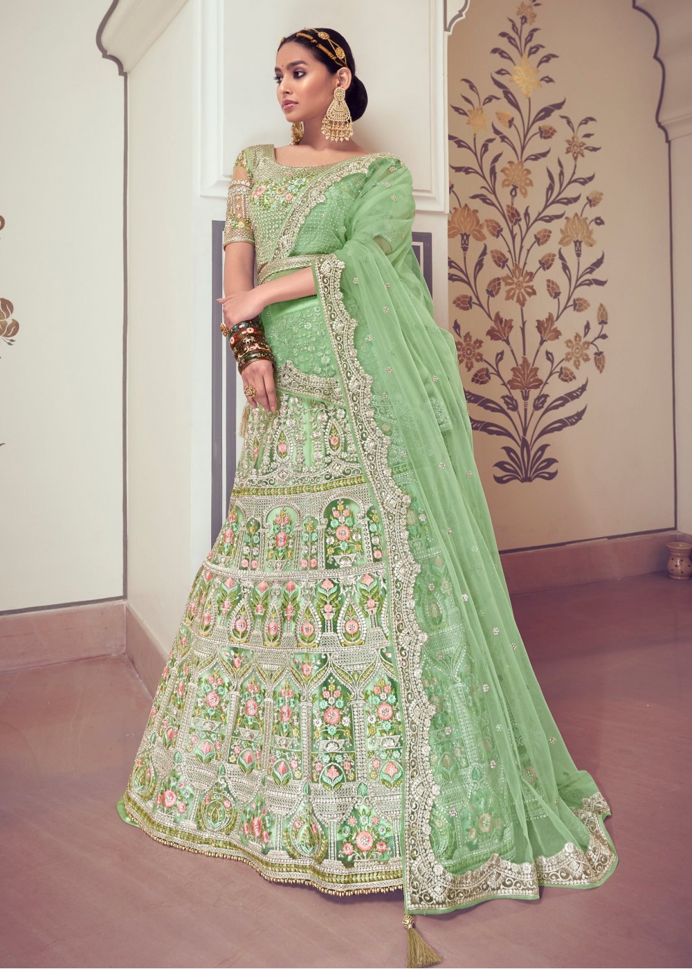 Shop Online Green Organza A Line Lehenga Choli : 236814 -
