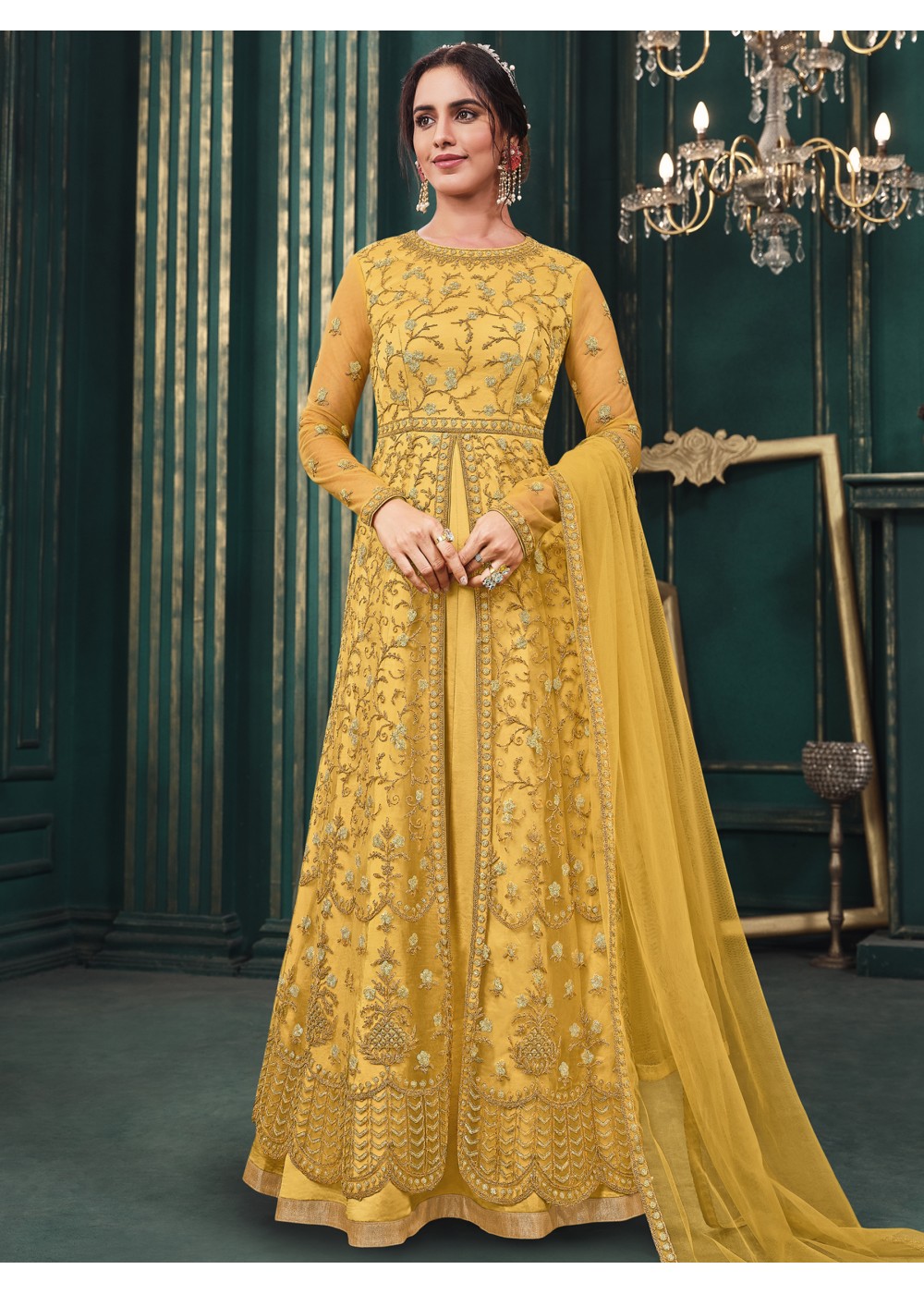 Buy Superior Mustard Yellow Net Partywear Gown | Inddus.com.