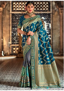 Blue & Grey  Fancy Embroidery  Saree