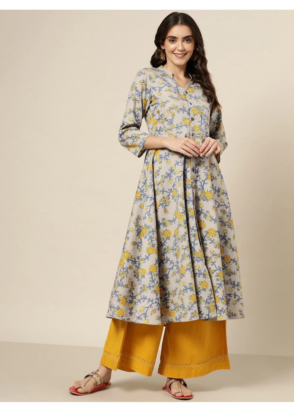 Readymade Yellow Floral Block Printed Dress 498KR07