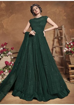 Dark Green Satin Silk  Designer Gown