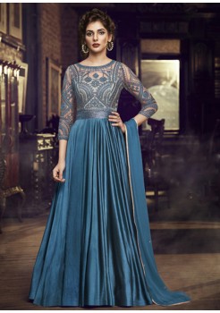 Blue  Satin Silk Readymade Gown