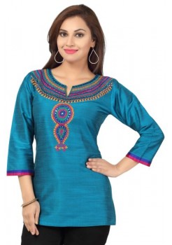 Turquoise Blue Short Raw Silk Kurta