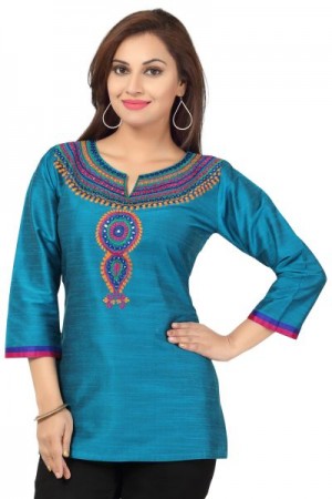 Turquoise Blue Short Raw Silk Kurta