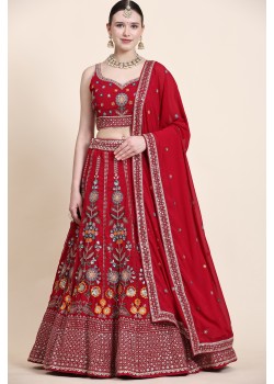 Red Premium Georgette,Net Lehenga 