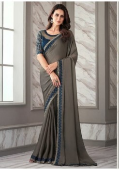 Navy Blue And Grey Silk Designer Saree