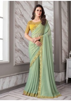 Yellow And Greenish Silk Designer Saree