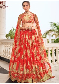   Red Pure Faux Georgette Digital Print  Lehenga 