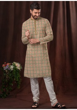 Mehendi And Red Poly Mens Kurta