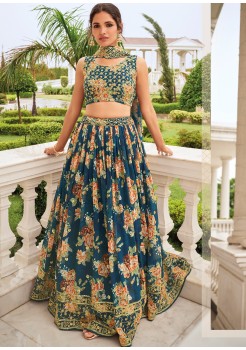 Blue  Pure Faux Georgette Digital Print  Lehenga 