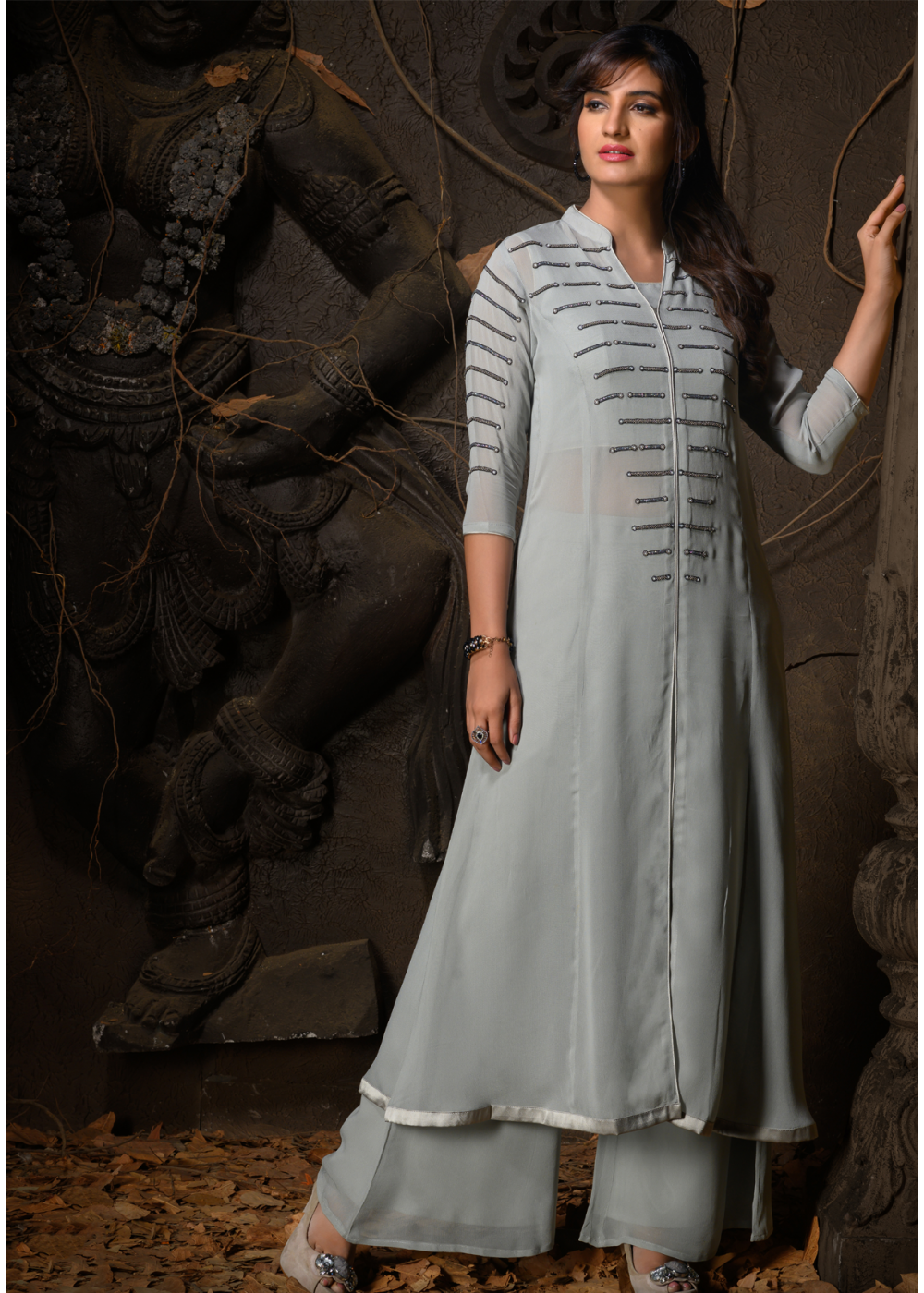 Gray 3/4 sleeve Indian Cotton Kurti/Tunic with Golden neckline