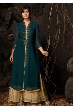 Buy Teal Blue Zari Embroidered Straight Kurta, Pant And Dupatta Set Online  - W for Woman