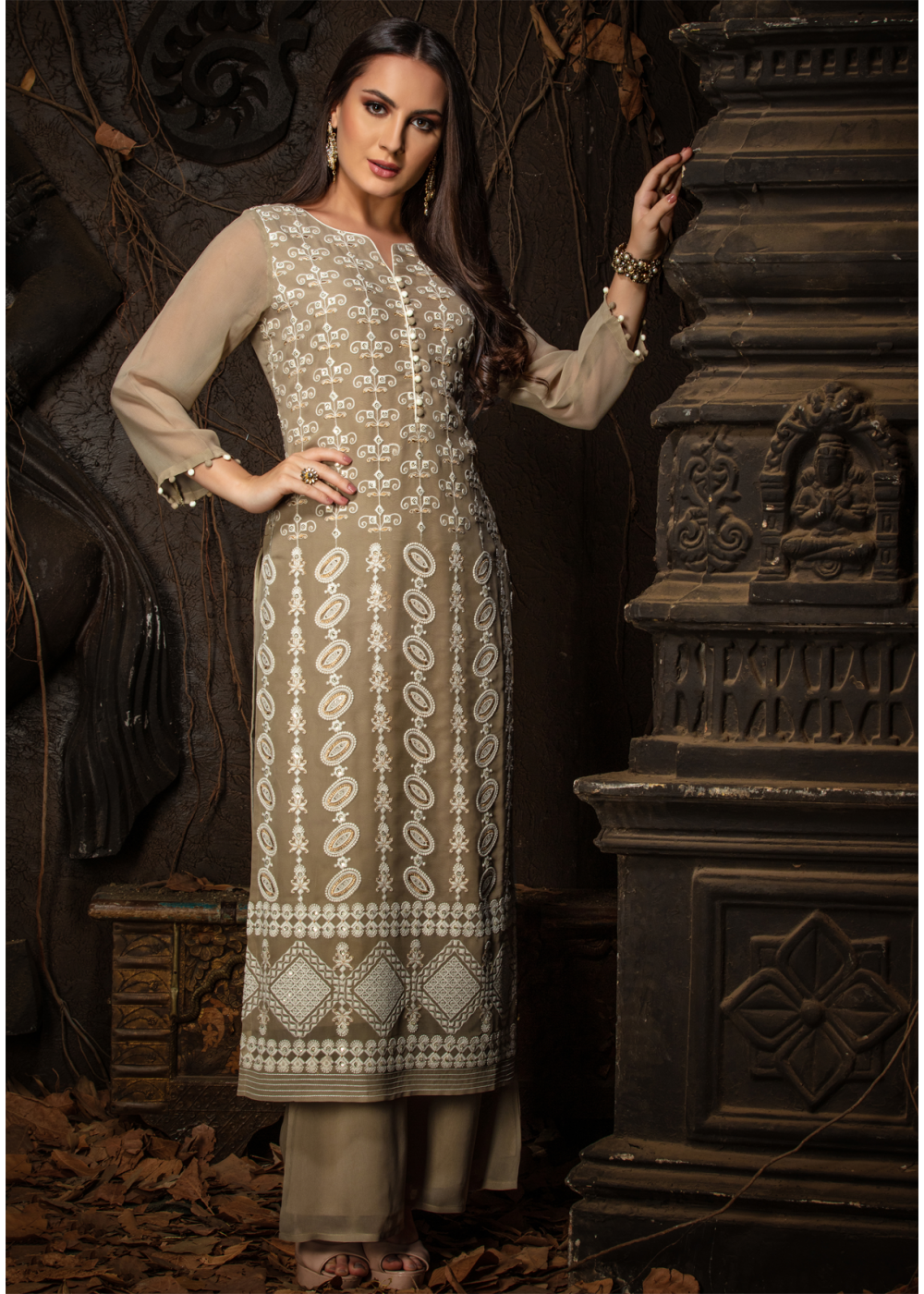 Brown Embellished With Embroidered Cotton Kurti