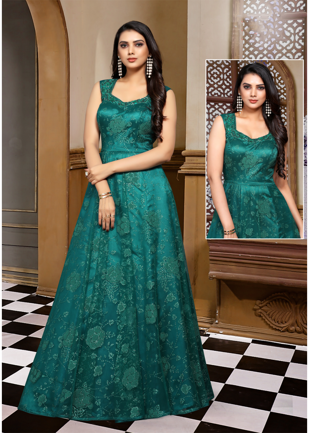 Buy Green Color Silk Satin Fabric Designer Gown For Eid