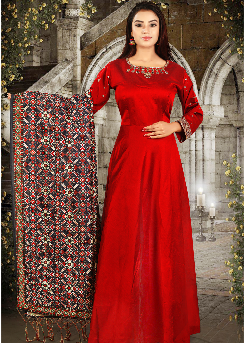 Ruffle Style Red Color Fancy Work Gown With Palazzo – subhvastra