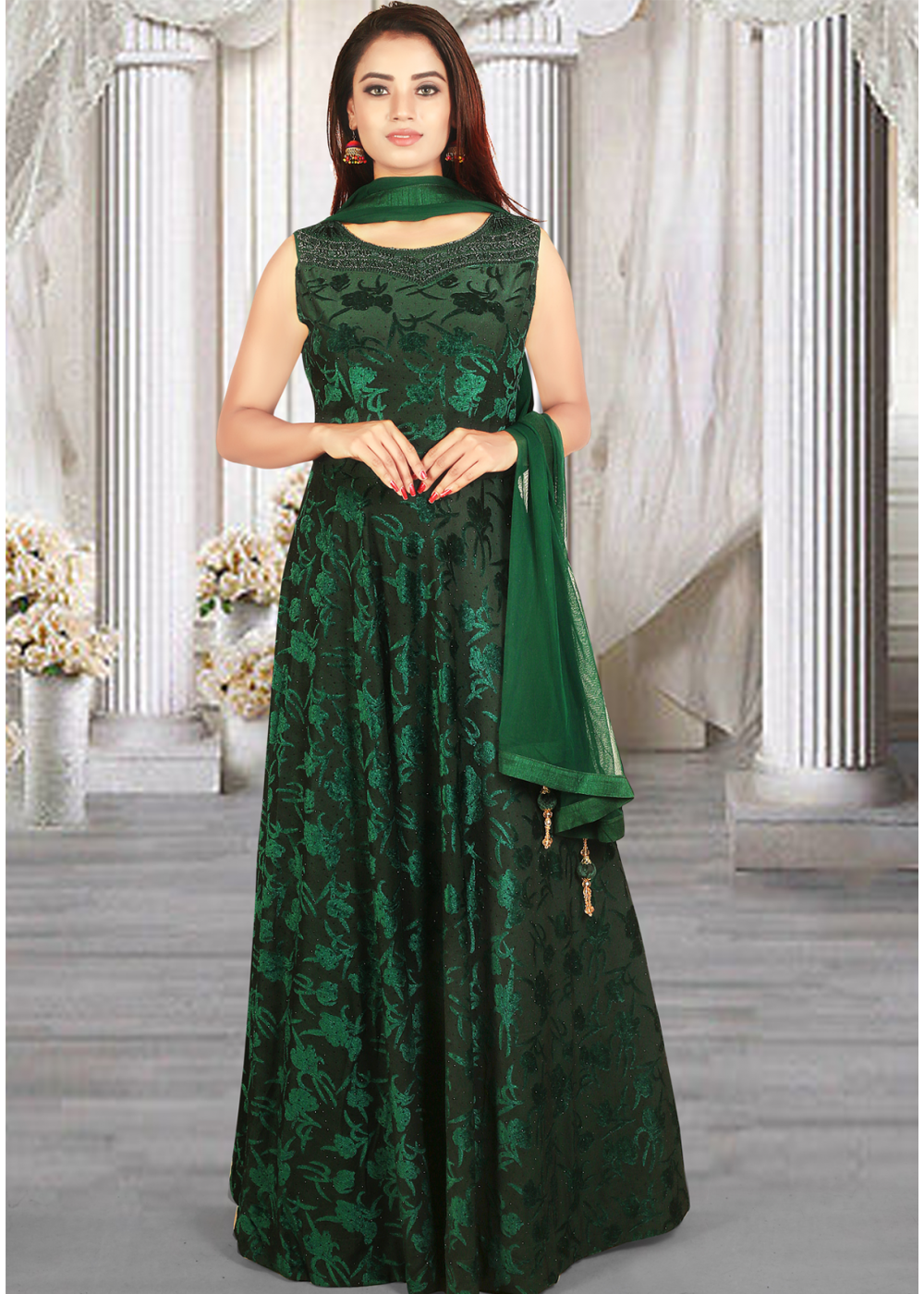 green silk evening dress