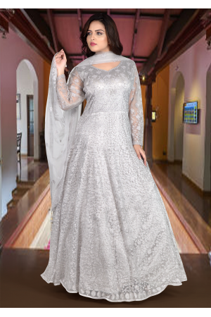 Buy Silver Net Embroidery Bead Plunge V Neck Yoke Gown For Women by Eli  Bitton Online at Aza Fashions.