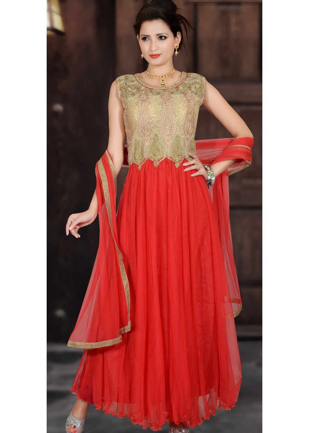 red and gold anarkali dress