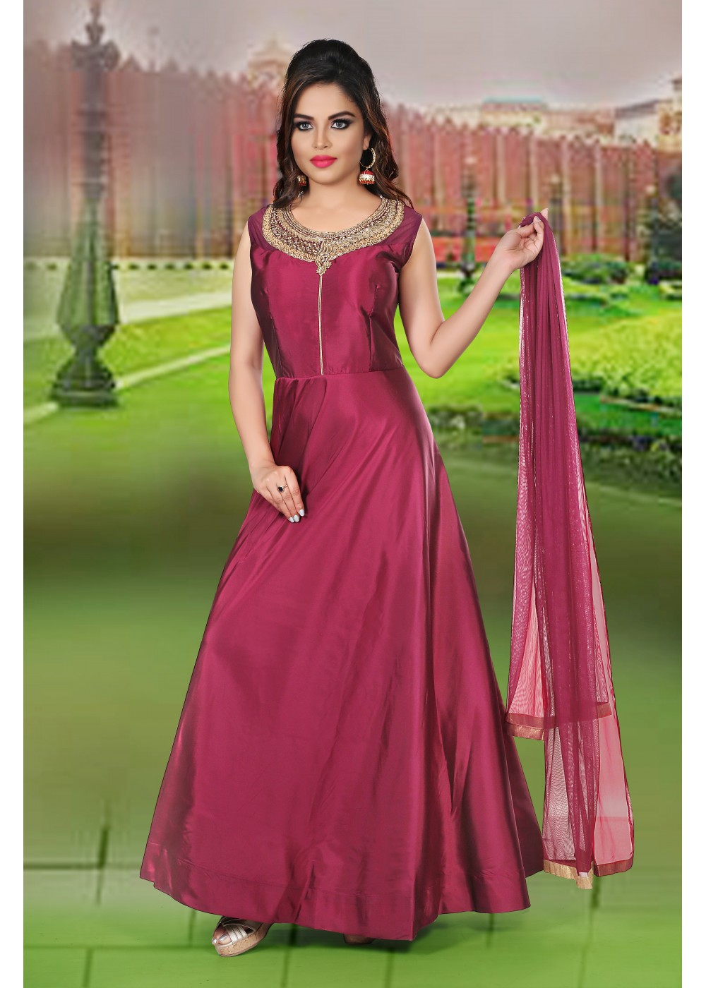 Maroon Color Plain Gown With contrace matchin dupatta