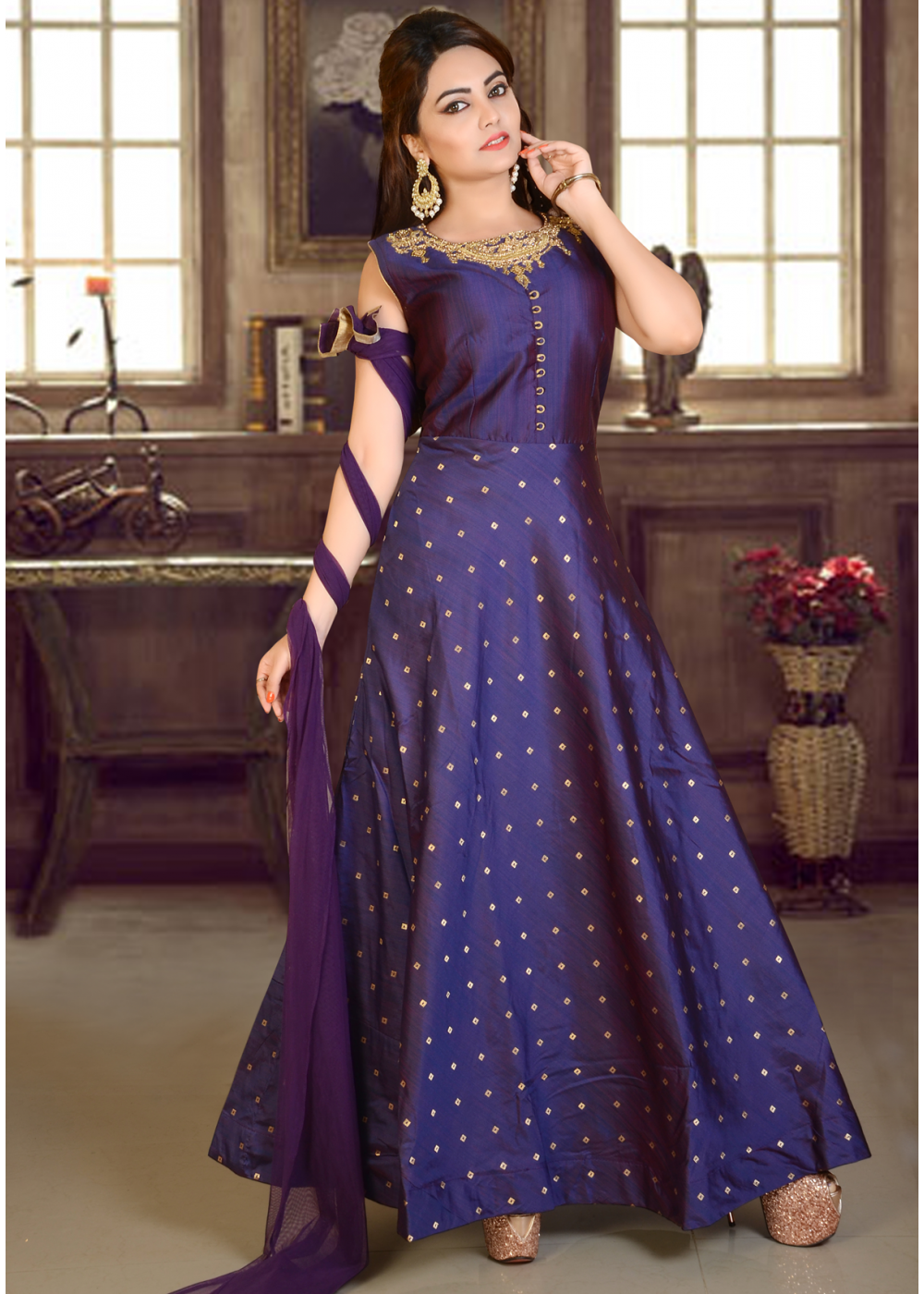 Blue Color Maslin Gown For Girl