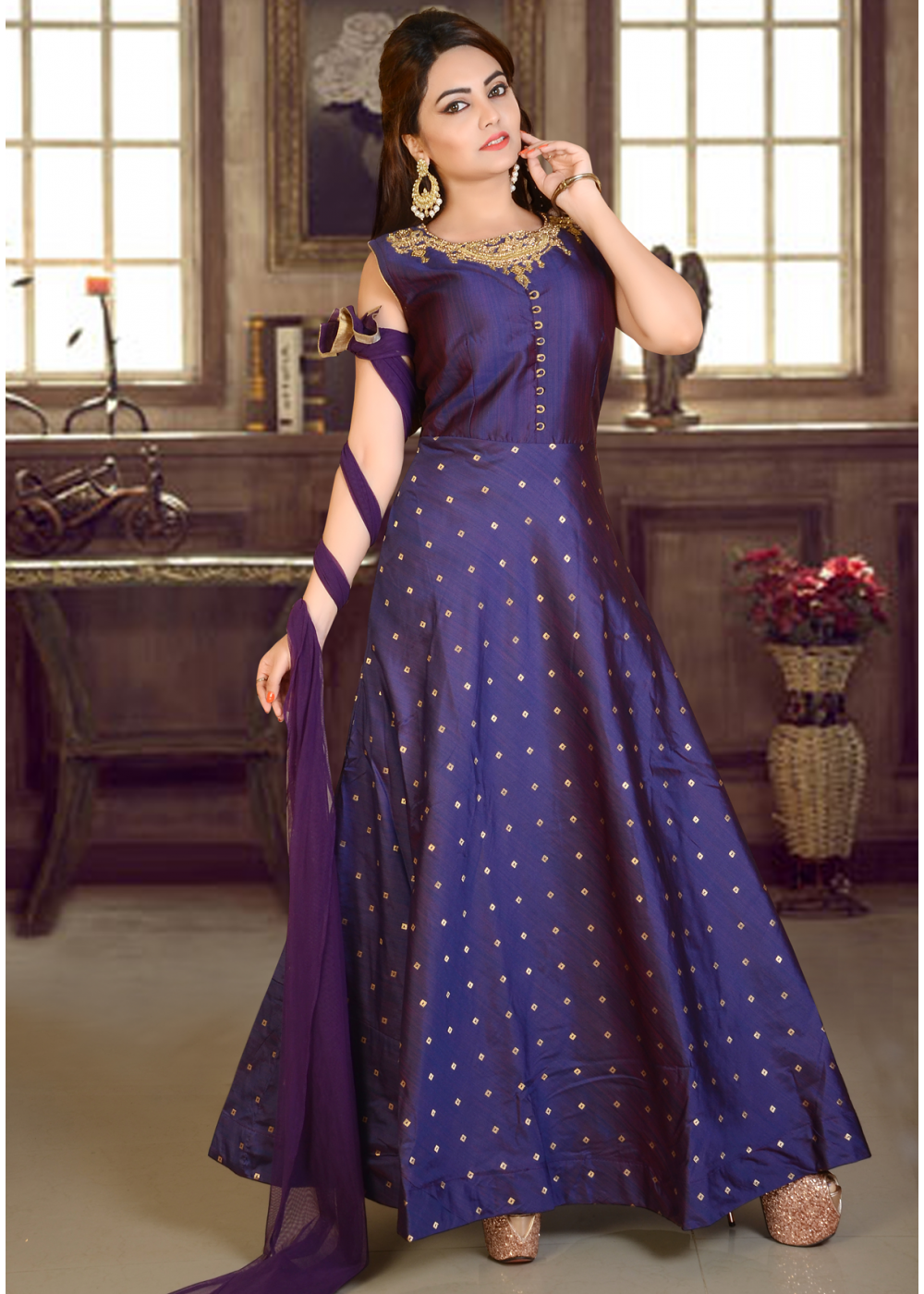 Party Wear, Wedding Purple and Violet color Silk fabric Gown : 1891218