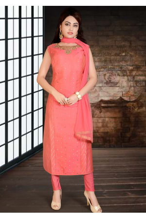 Pinky Peach Silk Designer Straight Cut Suit