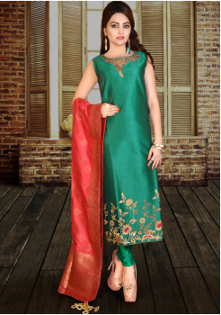 Peacock Green Silk Designer Straight Cut Suit