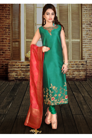 Peacock Green Silk Designer Straight Cut Suit