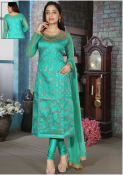 Turquoise Blue Color Silk Designer Straight Cut Chudidar