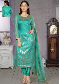 Turquoise Blue Silk Designer Straight Cut Chudidar