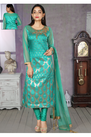 Turquoise Blue Silk Designer Straight Cut Chudidar