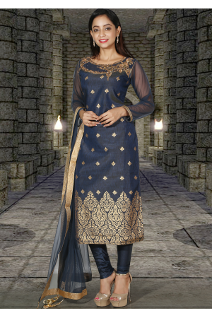 Greyish Blue With Gold Printed Silk Designer Chudidar