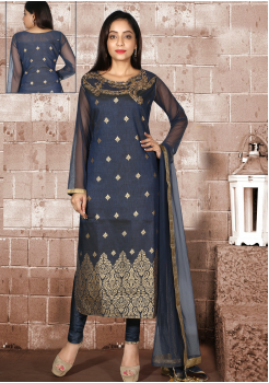 Greyish Blue With Gold Printed Silk Designer Suit