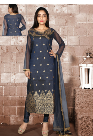 Greyish Blue With Gold Printed Silk Designer Suit